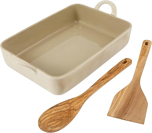 Bloomhouse Juego de utensilios de cerámica para hornear de 3 piezas de 4.8 cuartos de galón, 9 x 13 pulgadas, con herramientas de madera de olivo,