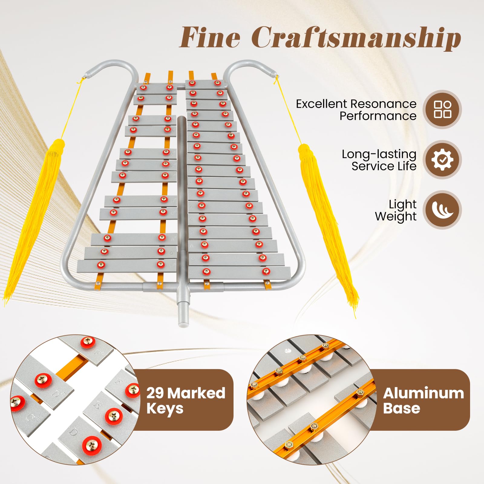 FANTASK 29 Noten Glockenspiel, Gürtelclip und Gürtel, Percussion Instrument, Aluminium Marsch-Xylophon mit verstellbarem Griff, 2 Schlägeln, Metallophon für Kinder und Erwachsene