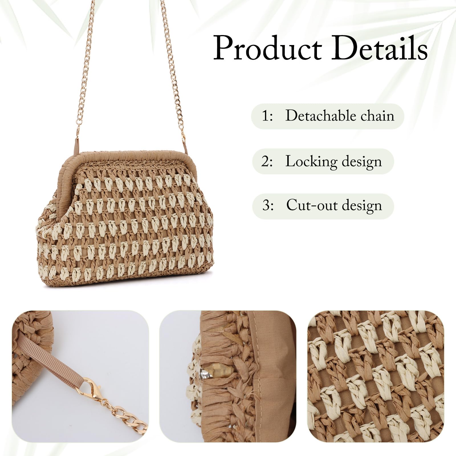 Bolso de Mano de paja para Mujer Bolso de Playa de Verano Tejido con Correa de Cadena, Diseño Hueco para Vacaciones y Salidas Nocturnas