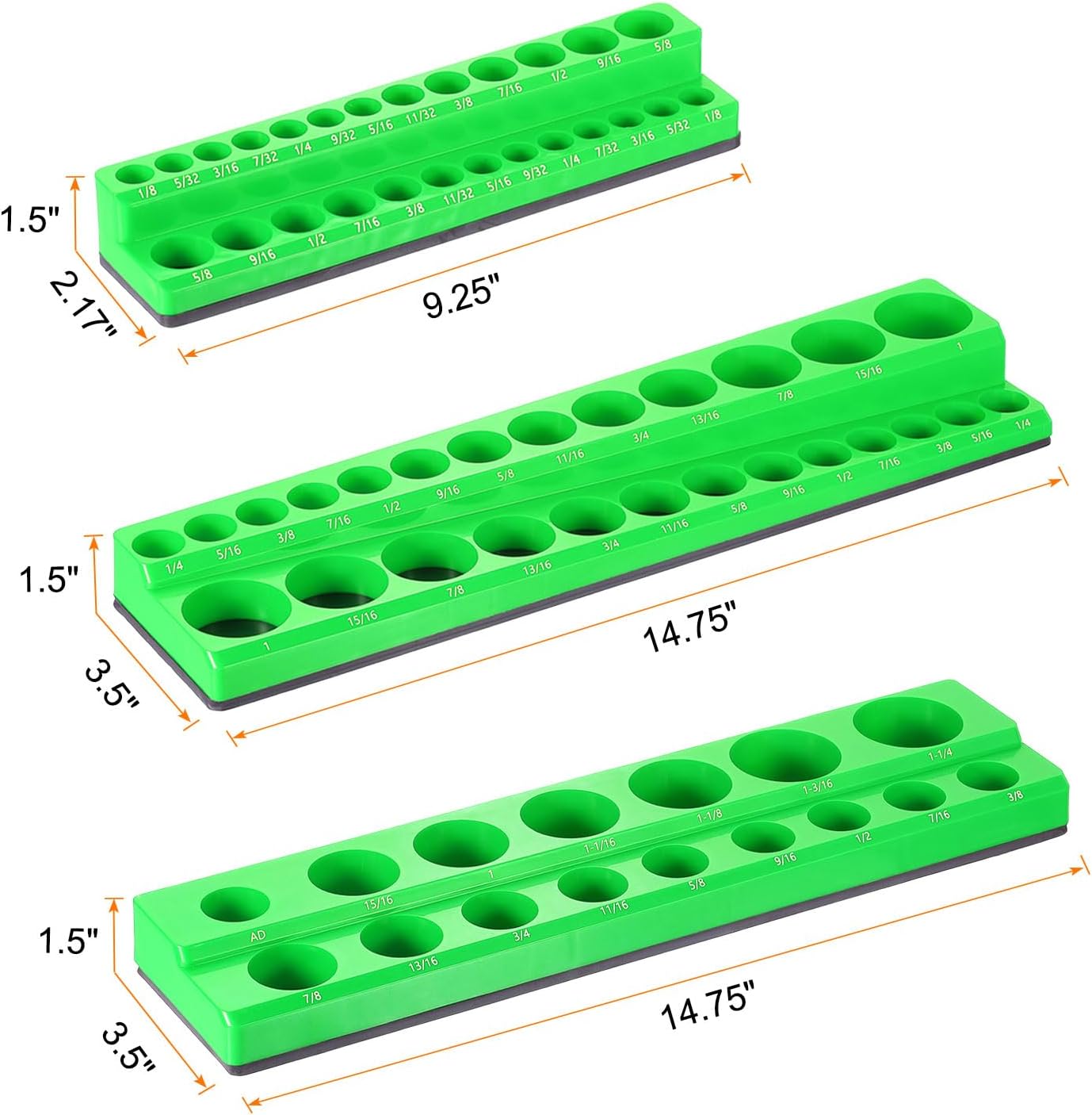 HARFINGTON 3pcs Magnetic Socket Organizer 1/4" 3/8" 1/2" Drive SAE Socket Holder Tray Socket Storage Rack Holds 68 Standard and Deep Size Sockets, Green