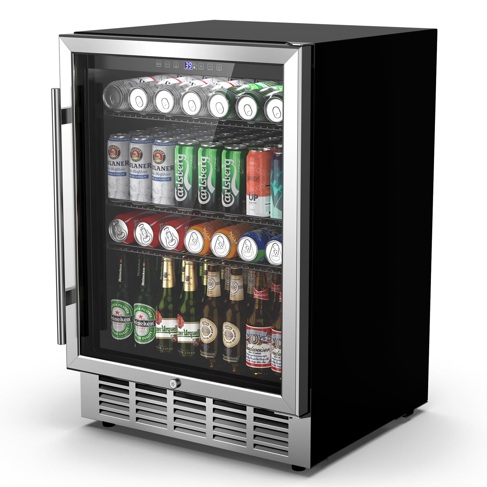 FADHOLE 24 Inch Beverage Refrigerator & Cooler Under Counter with Safty Lock, Outdoor Patio Fridge for Drinks, Soda, Beer, Wine, 37～65°F Adjustable Temperature & Memory, Built-in/Freestanding