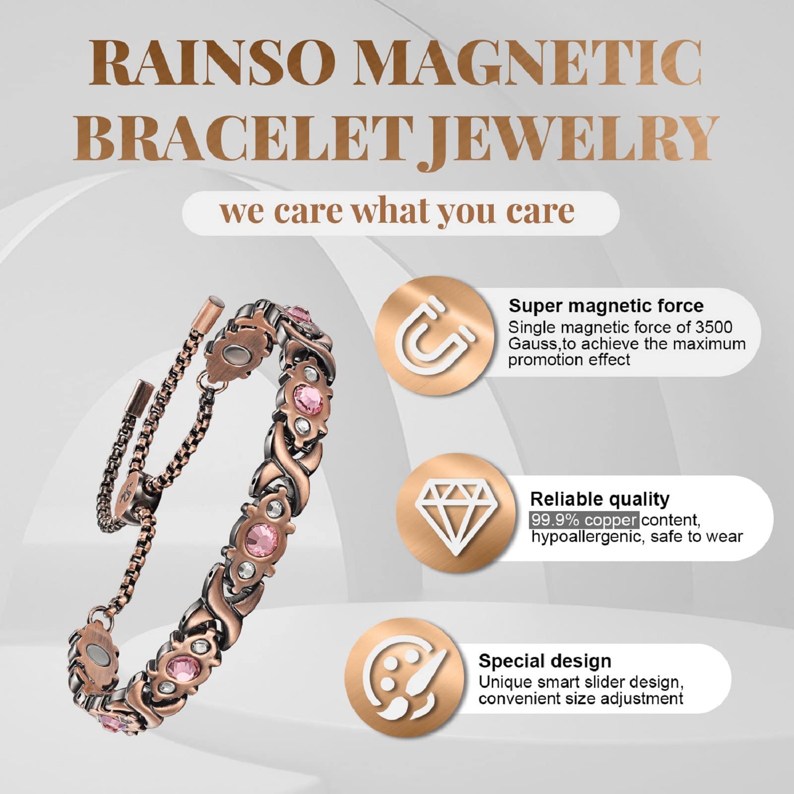 RainSo Pulsera magnética de cobre para mujer, joyería ajustable de cristal rosa con acabado antiguo, caja de regalo hipoalergénica, 13.21 centimeters, Cobre