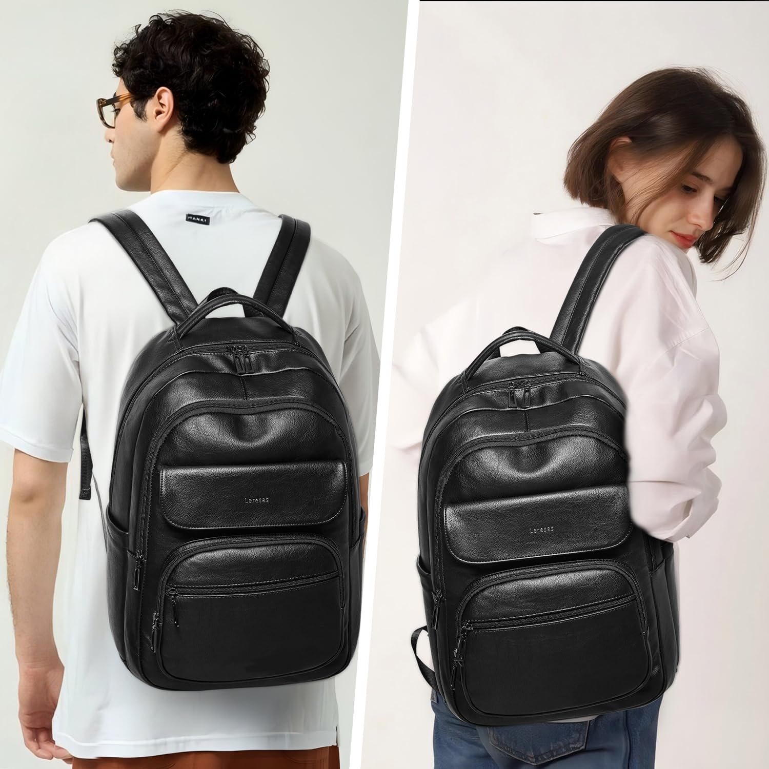 37L Backpack Purse for Women Men for Work Travel Back Pack Laptop Purses Vegan Leather Fashion College Daypack Black - Image 2