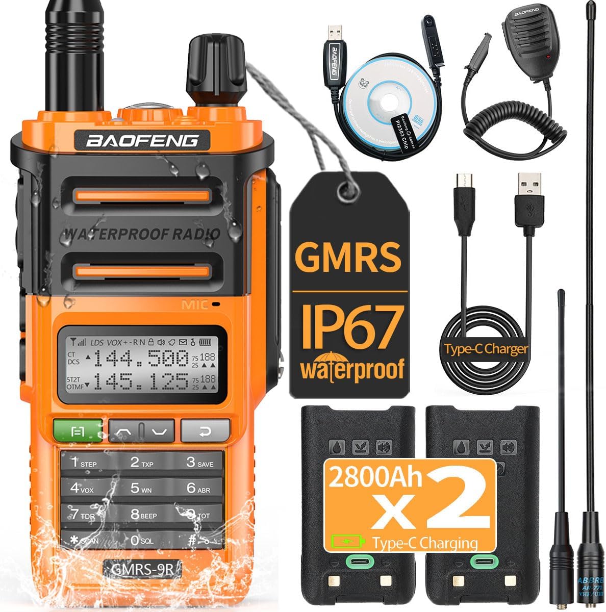 Baofeng GMRS9R GMRS Radio Waterproof IP67 5W Rechargeable