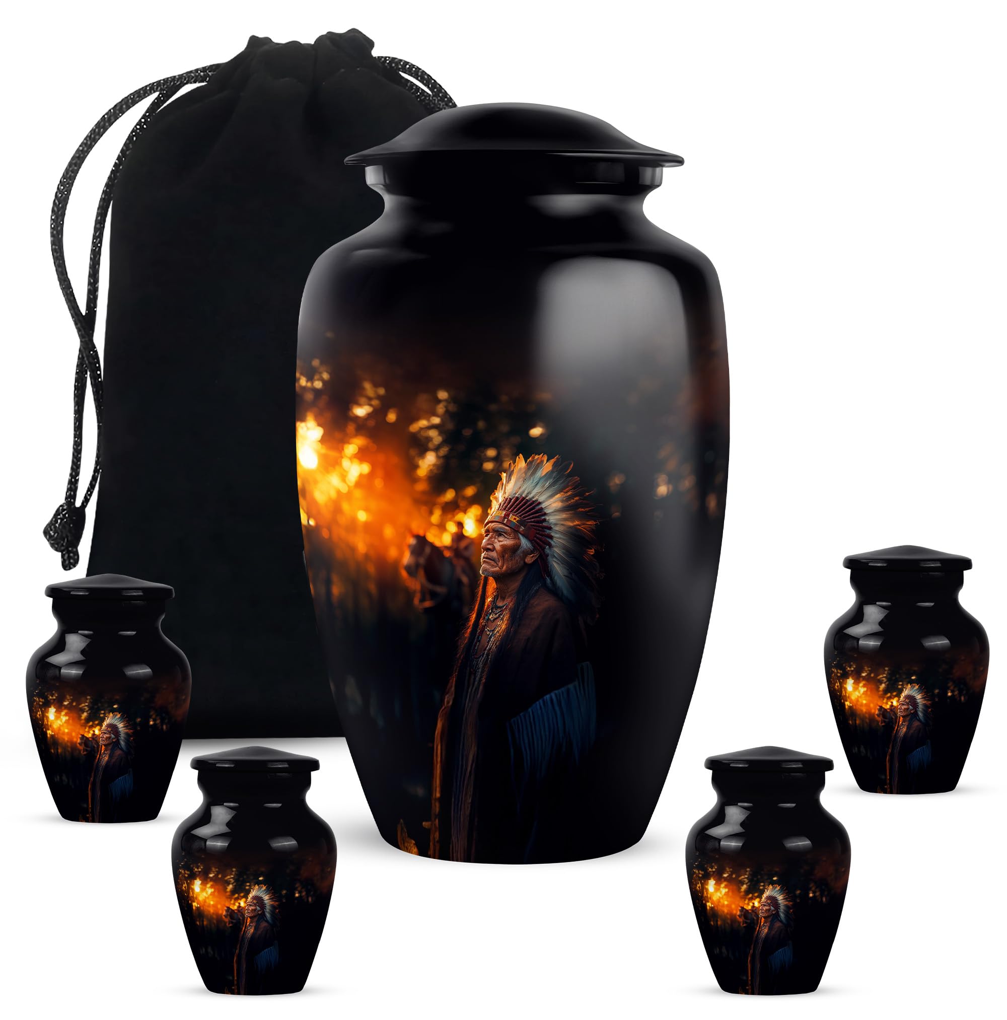 MUKTIVE Native American Mini Urns for Women Human Ashes - Large 10 Inches Urn - Small Cremation Urns for Women - Pet Memorial Keepsakes - Pack of 5 (10" & 3" Mini Keepsake Set of 4) - Black Urns