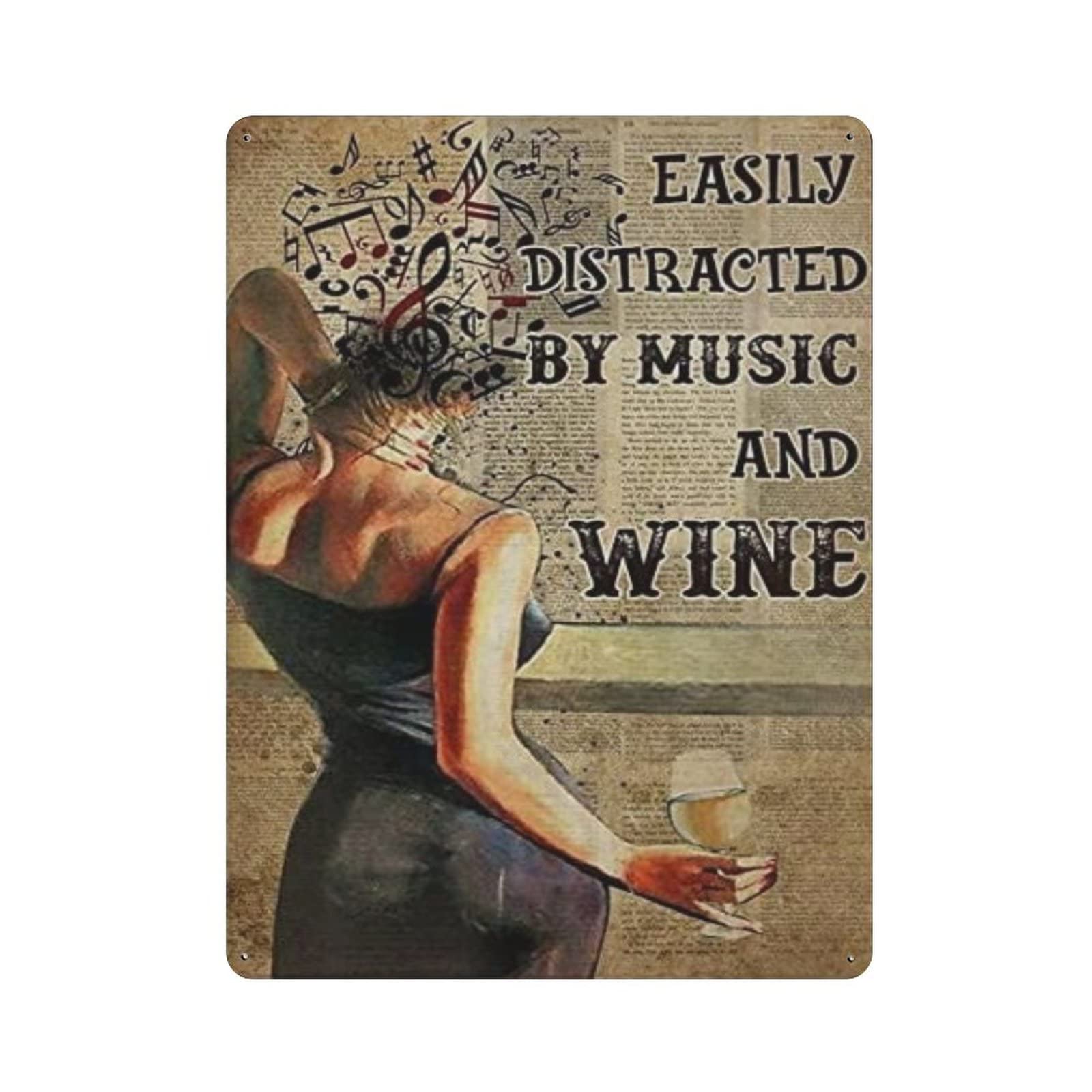 AOOEDM Easily Distracted by Music And Wine Vintage Metal Tin Sign for Home Coffee Shop Office Wall Art Metal Poster Garage Decor Man Cave Sign Inspirational Quote Wall Decor