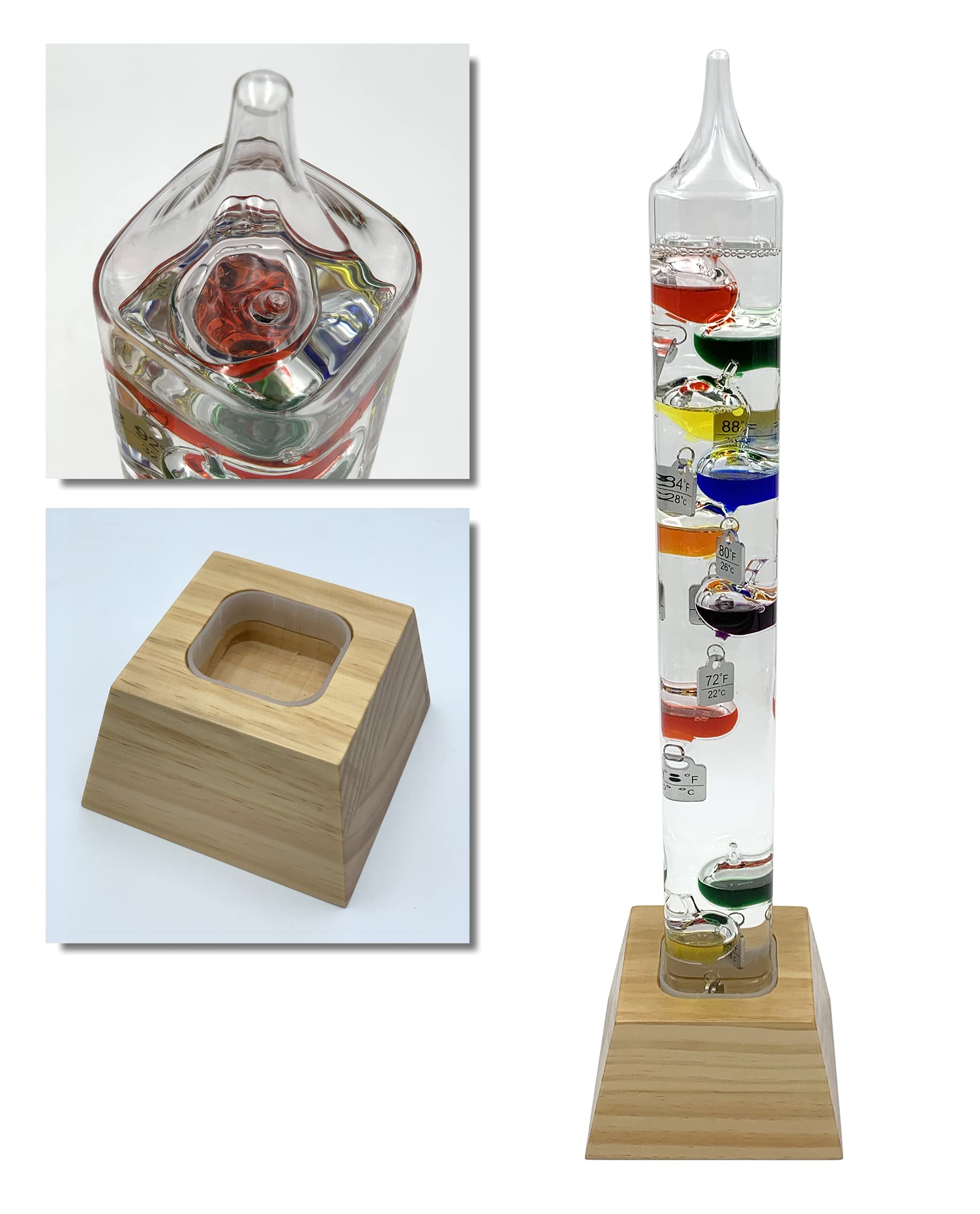 Glassic Gifts® Square Tube Galileo Thermometer with Wooden Base (20