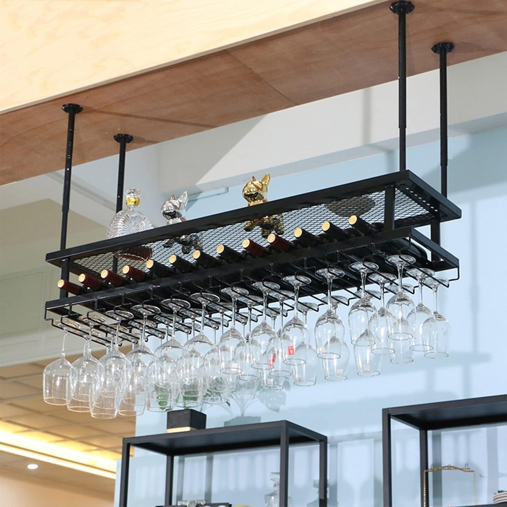 Casier à bouteilles de vin suspendu noir 60x30cm avec porte-gobelet