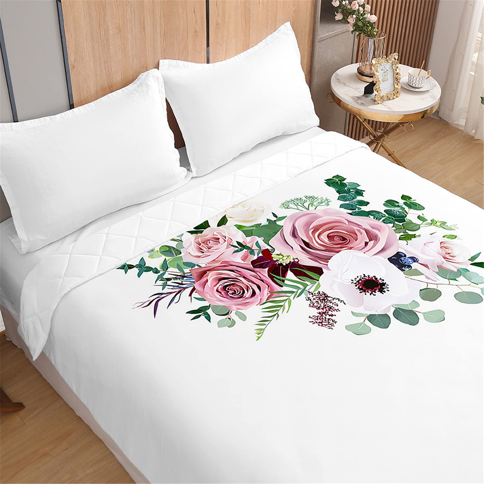 Odot 3D Rosas Patrón Colcha Bouti Invierno Cama 90/150 Acolchada Colchas Cubre Cama Individual o Matrimonio Multiusos Ligera y Suave Colcha Cama (150x200cm,Planta Blanca)