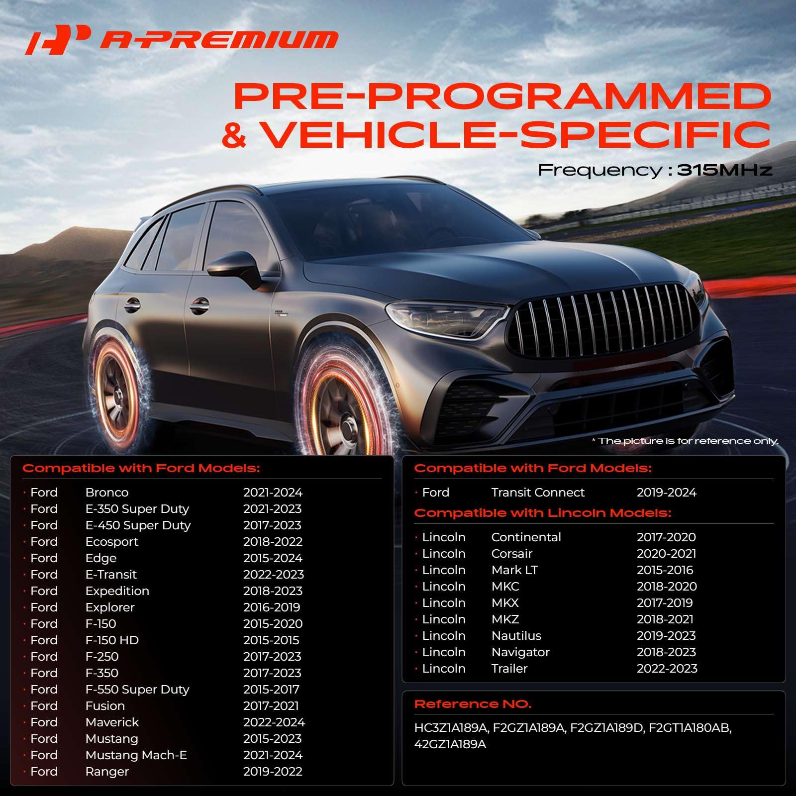 A-Premium Sensore di monitoraggio della pressione dei pneumatici con valvola in metallo da 315 MHz, compatibile con Ford e Lincoln, F-150, Edge, Expedition, Explorer, Fusion, Mustang, Ranger, MKX, MKZ