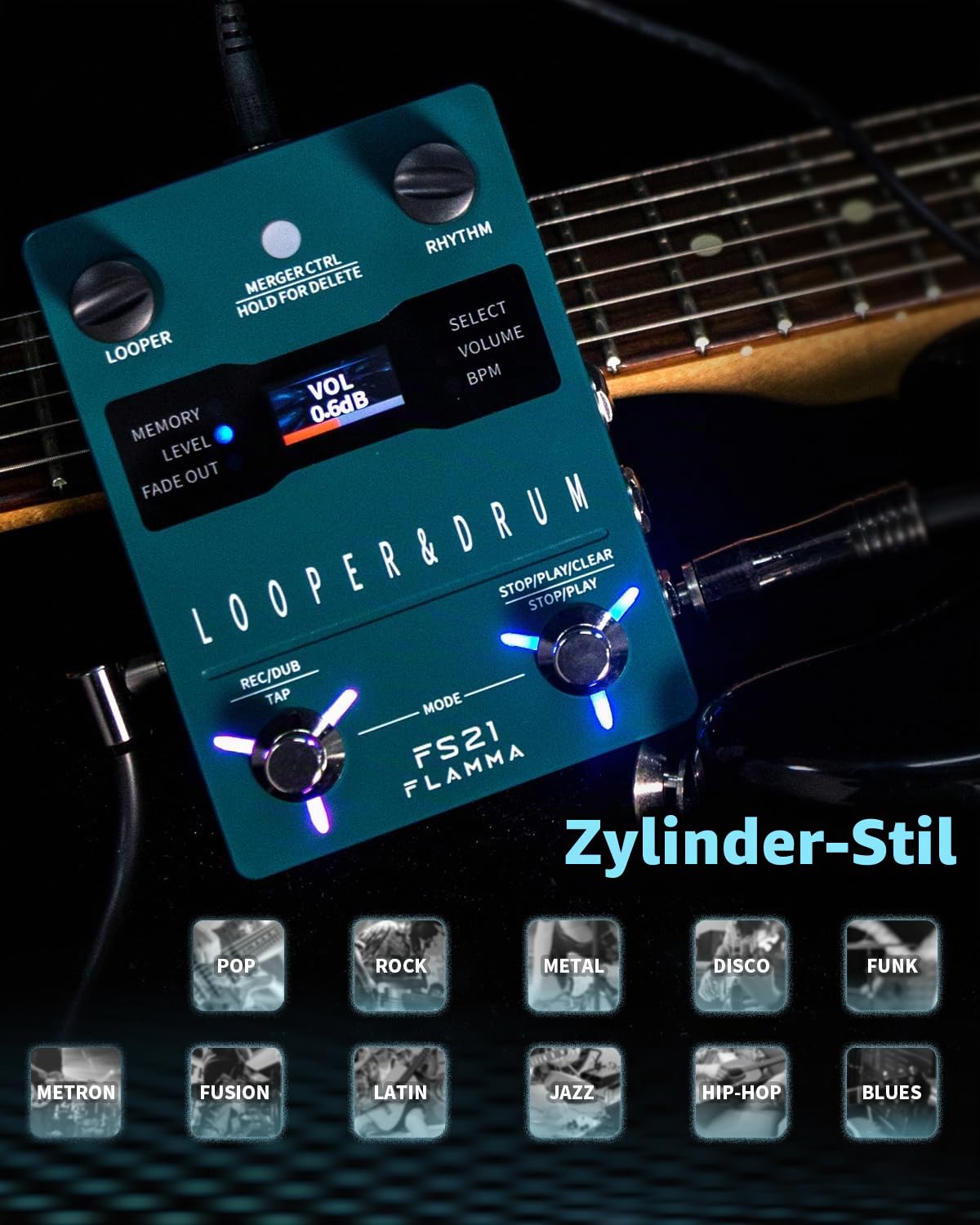 FLAMMA FS21 Stereo Gitarren-Looper-Pedal & Drum-Machine 2-in-1 mit 160 Minuten Loop-Aufnahmekapazität 100 Schlagzeug-Grooves 10 Metronom-Unterstützung Software-Bearbeitung