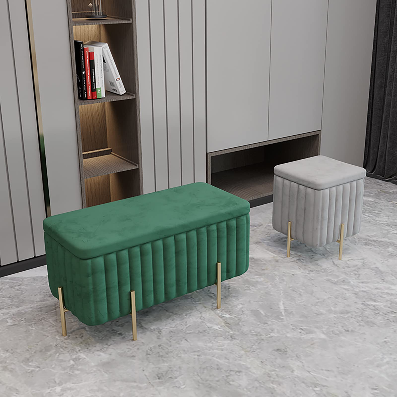 Reposapiés tapizado con mechones y Patas de Metal, baúl Acolchado con Tapa, Banco otomano de Terciopelo de Lujo, Banco al Final de la Cama para la Entrada de la Sala de Estar, Verd