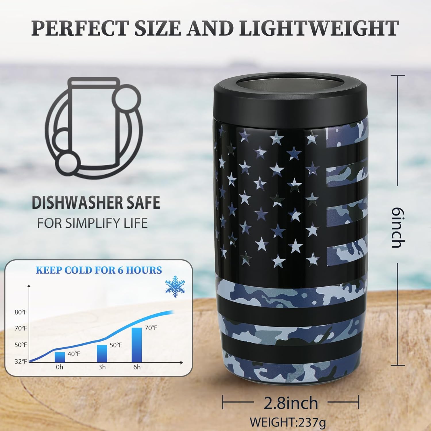 MAXSO Slim Can Cooler, 4-in-1 Double Walled Stainless Steel Insulated Beer Can Holder, Works With All 12 Oz Cans,Bottles & As A Pint Cups - Camo Flag - Image 2
