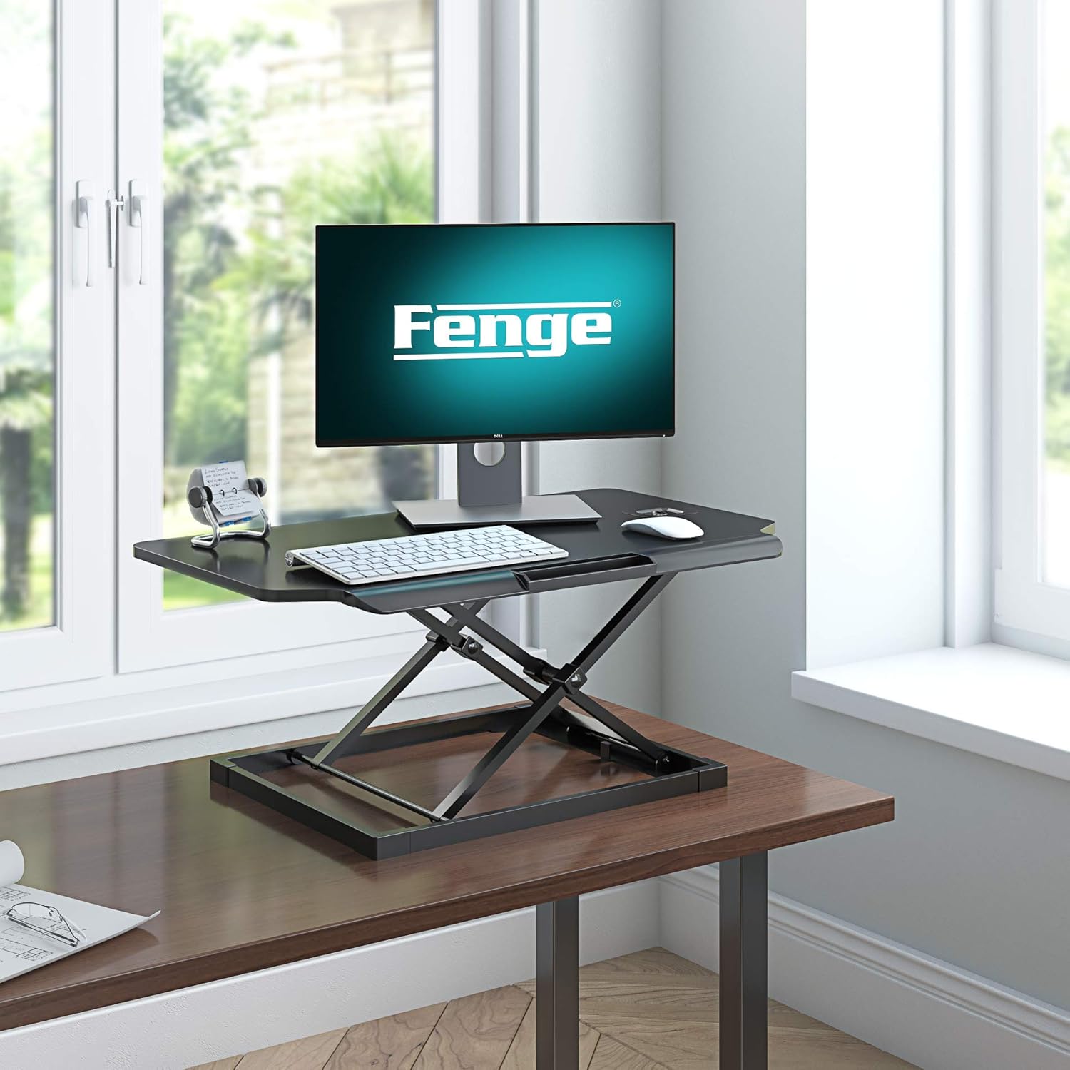 FENGE Standing Desk Conventer with Storage Area Height Adjustable Stand Up Desk for Dual Monitors SD208003MB