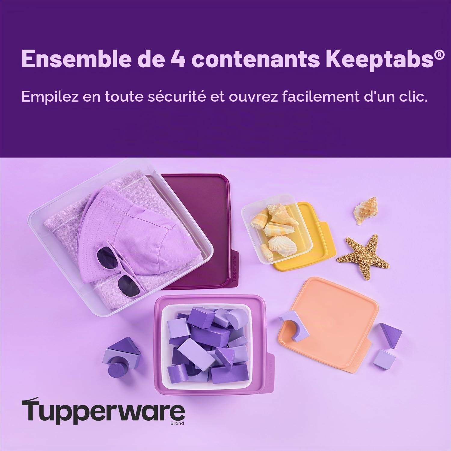 Tupperware Keeptabs Lot de 4 boîtes de rangement empilables pour aliments – Couvercles multicolores, emboîtables, passent au lave-vaisselle et sans BPA