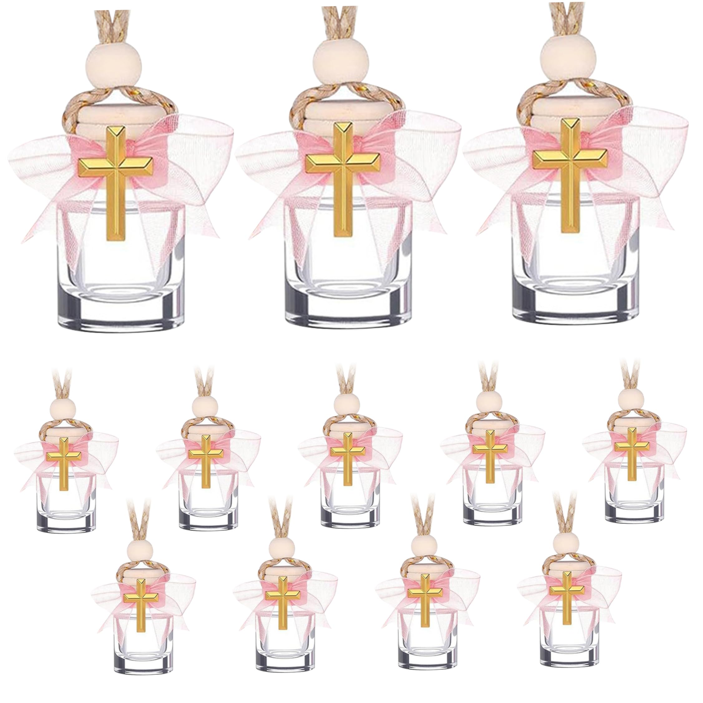 Takingup Holy Water Bottles, Mini Glass Bottles, with Wooden Stopper and Gold Cross, 12 Pcs, with Hanging Rope, for Baptism, Rose