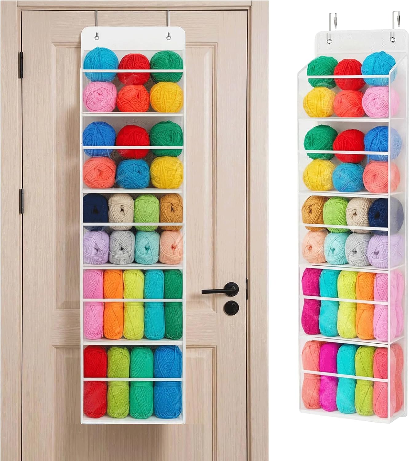Univivi Door Hanging Yarn Storage Organizer, Knitting & Crochet Organizer with 6 Clear Plastic Pockets & 2 Big Metal Hooks for Knitting Needles, Crochet Hooks, Yarn Balls