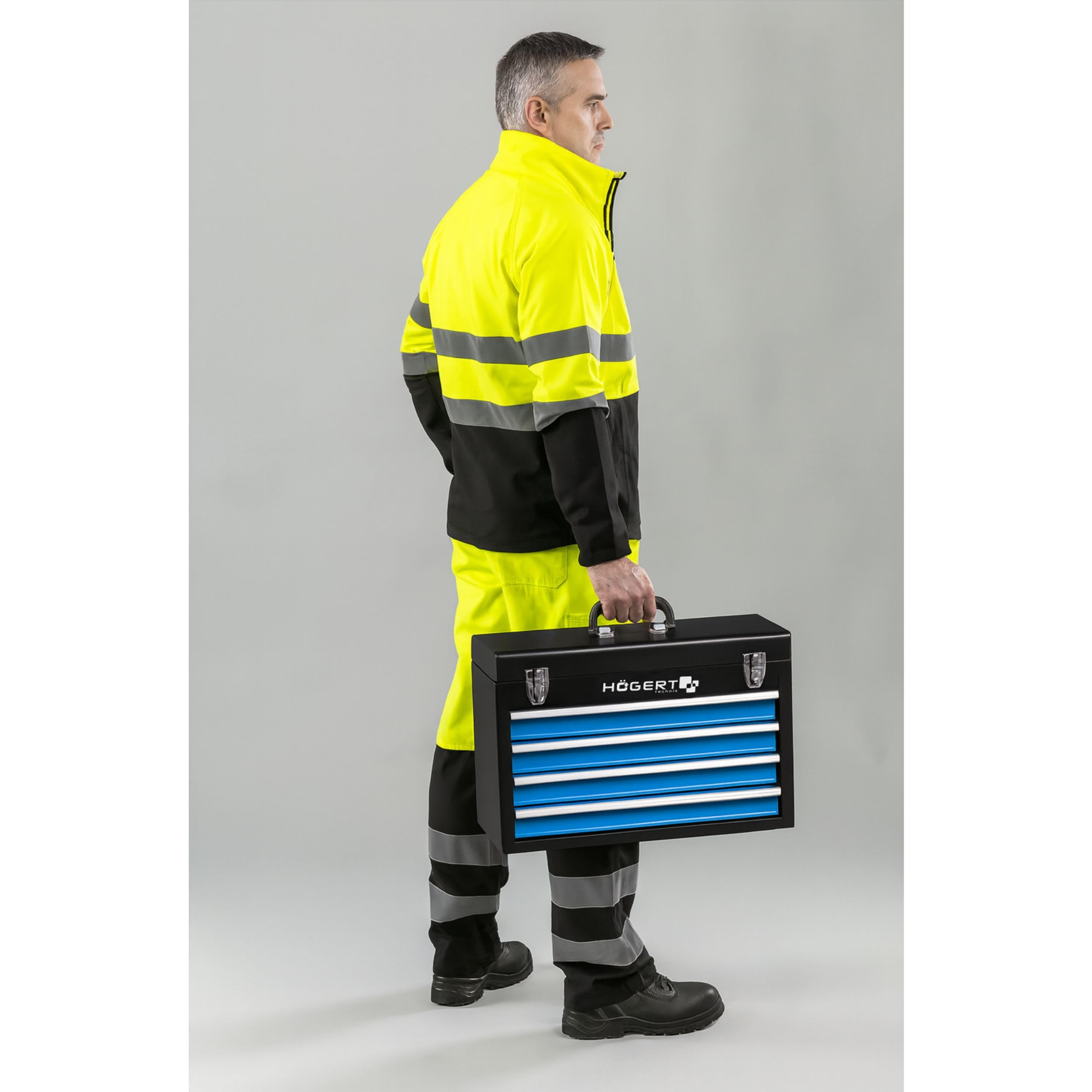 Högert Technik Cassetta degli attrezzi con 4 cassetti con guide a sfera, chiusura in metallo, manico in plastica, 52 x 21,8 x 36 cm