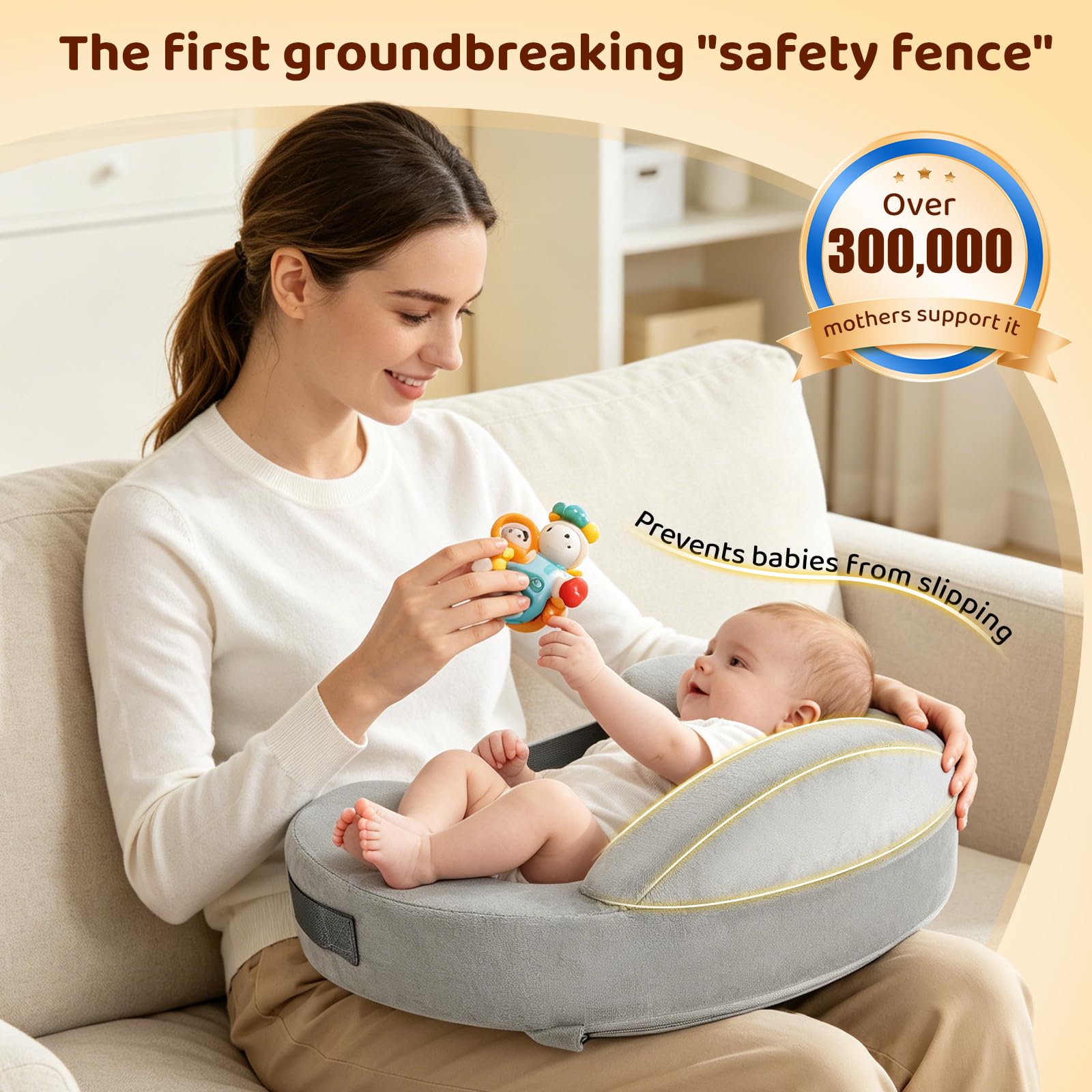 Cuscino per Allattamento in Memory Foam con Barriera di Sicurezza,Cintura Regolabile,Copertura Rimovibile e Lavabile,Cuscino Ergonomico Mini per Neonati,Supporto per Mamma
