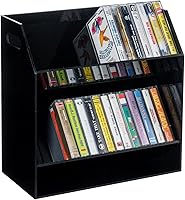 Vista 1 de MyGift Soporte para casetes compactos de acrílico negro de 2 niveles con asas de transporte recortadas, cintas de casete de audio retro, soporte