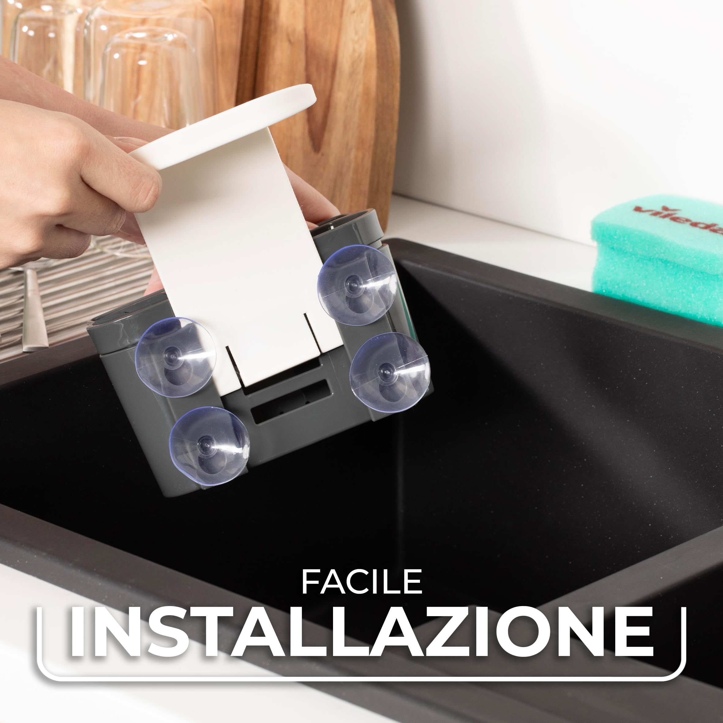 Vileda Portaspugna per Lavello con Ventosa – Organizer Lavandino Senza Foratura per Spugne, Spazzole e Detersivo – Drenaggio Acqua – Grigio Scuro