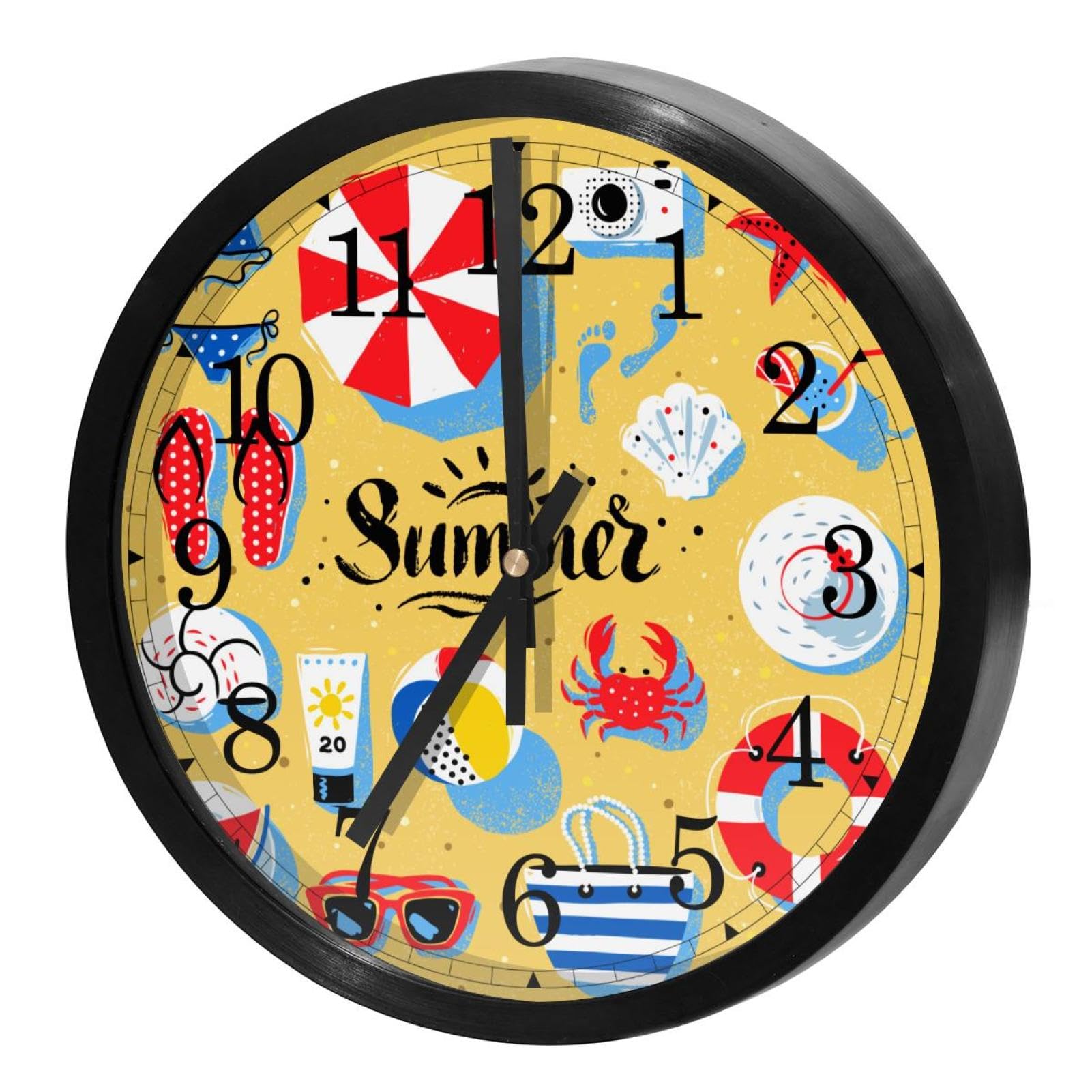 Horloge murale ronde pour maison, cuisine et bureau au motif de plage d'été
