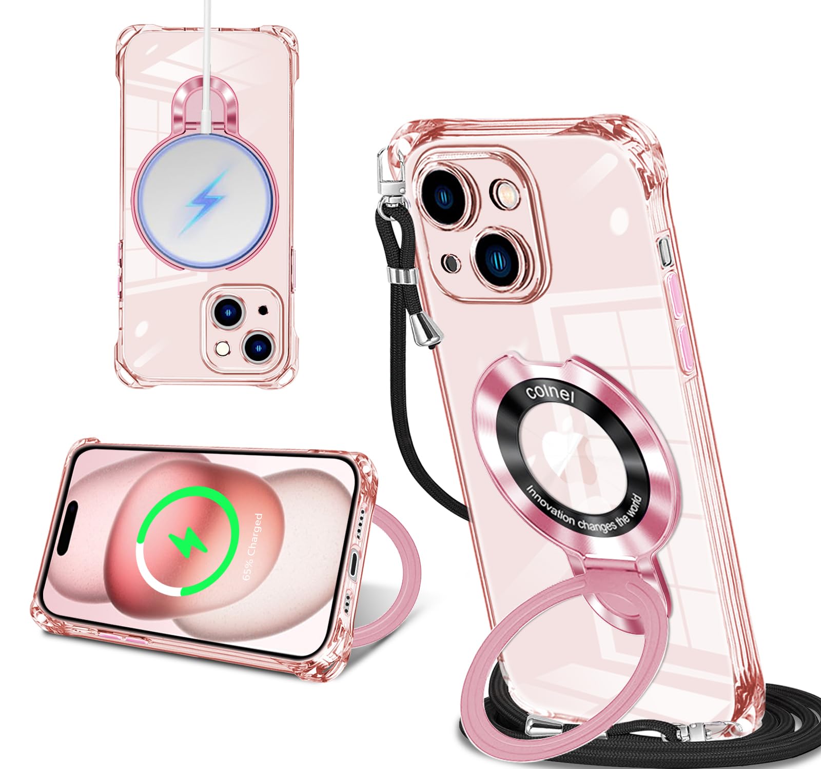 iPhone 15 Plus 用 ケース クリア MagSafe対応 リング付き ネック ショルダー アイフォン15plus 縄掛けケース 透明 肩掛け 斜めかけ 韓国 可愛い 縄掛け カバー 丸型スタンド付き マグネット搭載 縦横両対応 耐衝撃 ワイヤレス充電 ストラップホール付き あいほん 15plus スマホケース