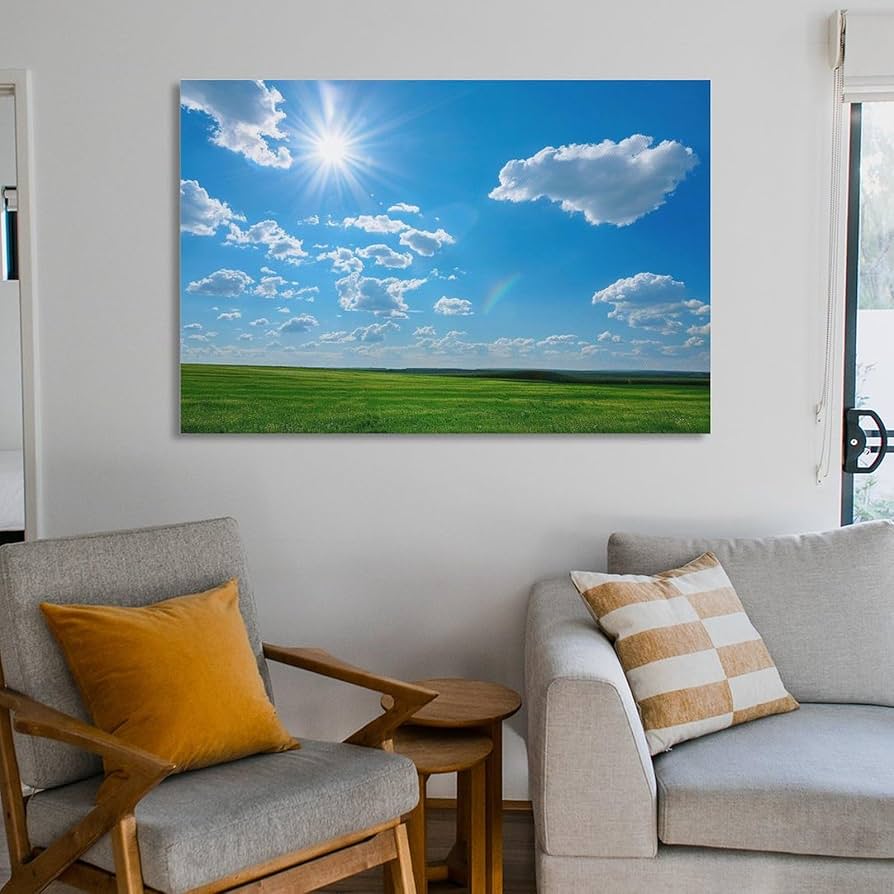 絵画インテリア絵 額付 (銀) 油絵 F4-080111 風景（草原青い空