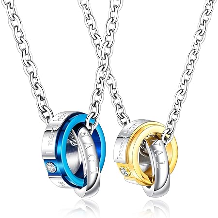 Amazon Deelfel ペアネックレス リング シンプル メンズ レディース チタン シルバー リング ゴールド ブルー 文字 刻印 メンズネックレス ファッション アクセサリー 個別販売 ネックレス 通販