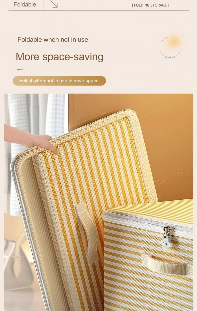 Foldable Storage Containers, Beige Striped Fabric Boxes with Lids, Stackable Closet Organizer Bins for Bedroom, Clothing Storage (Yellow, L)