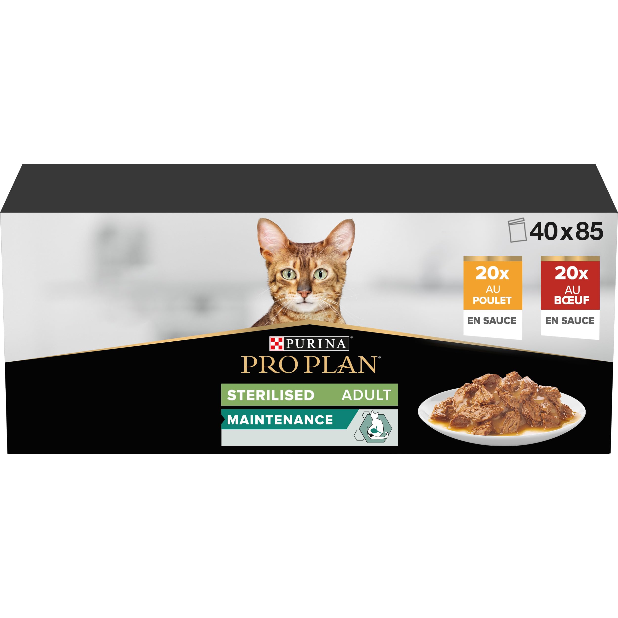 PURINA PRO PLAN | Adult STERILISED MAINTENANCE | Complete Food for Sterilized Adult Cat | Helps Maintain Good Urinary Health | Sliced in Sauce | Chicken, Beef | Sachets | 40x85g