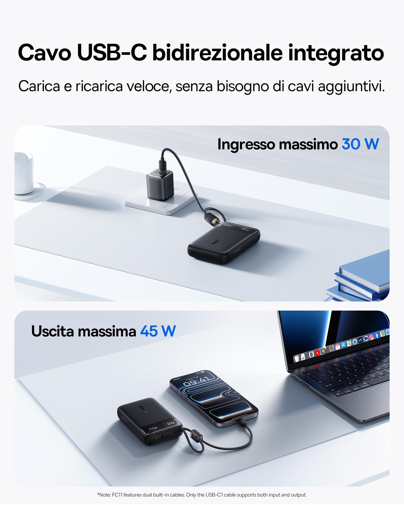 Baseus FC11 Powerbank 45W 20000mAh con 2 cavi USB-C Integrati, Mini Power Bank Ricarica Rapida con Certificato CCC, Caricatore Portatile per iPhone 17/16/15 Pro Max, Samsung Galaxy S25/S24, iPad, Nero