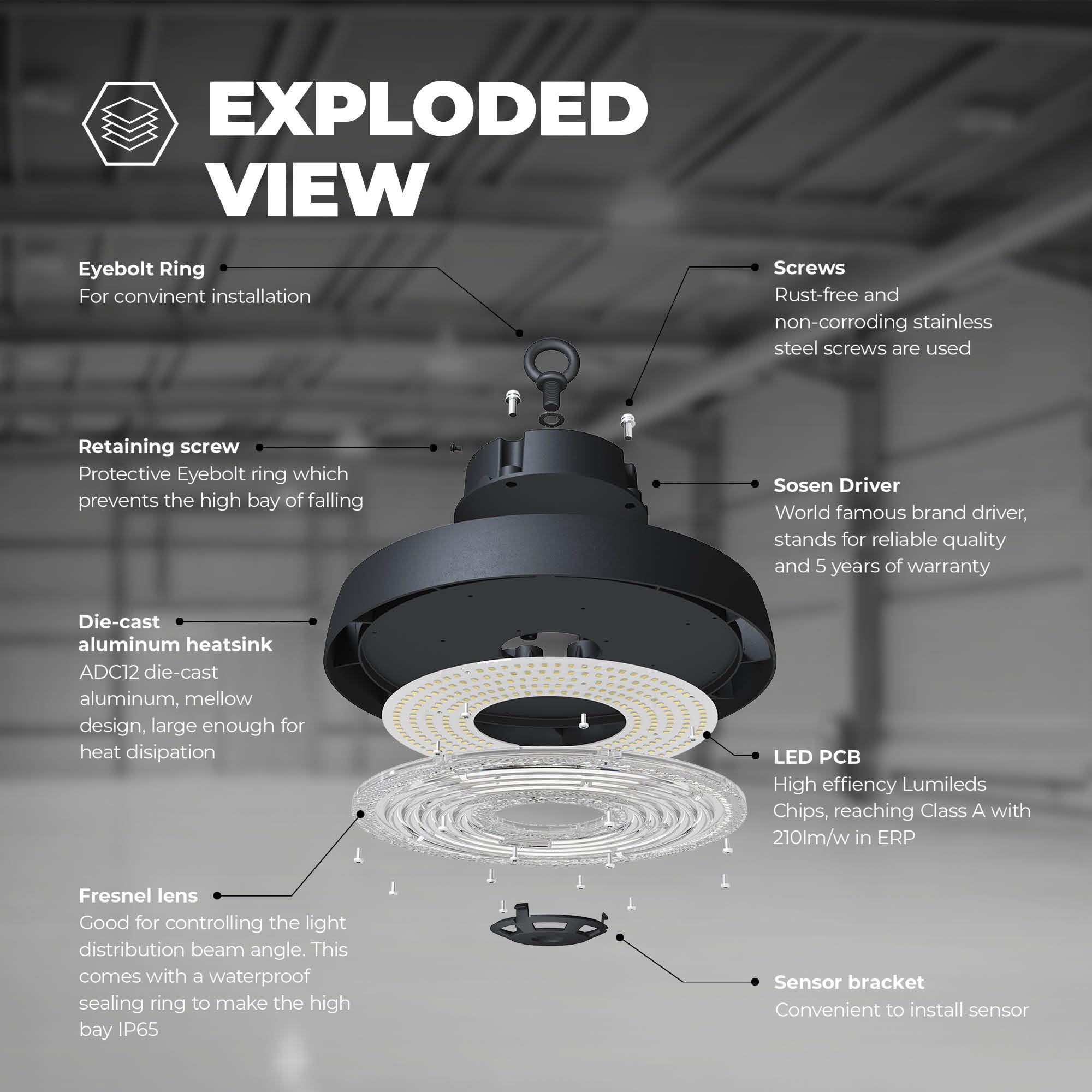 Ledvion - Campana led ufo, IP65, 150W, 192 lm/W, 4000K, Dimmerabile, lampada led industriale capannone, illuminazione magazzino officina, luce soffitto garage, illuminazione industriale led