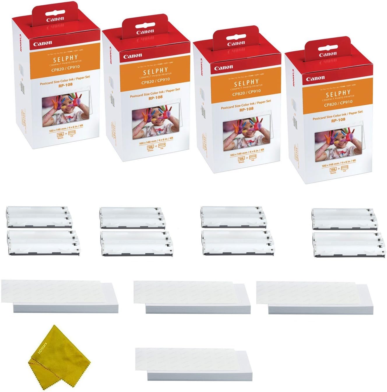 Canon RP-108 High Capacity Color Ink Cassette and 432 Sheets 4 x 6 Paper Glossy for SELPHY CP1300, CP1200, CP910, CP820 Wireless Compact Photo Printer (4-Pack)