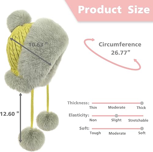 Miniatura 6 de Sombreros de invierno, lindo sombrero de piel rusa de ganchillo, gorros holgados con pompón, gorro de nieve cálido y mullido, sombrero de trampero