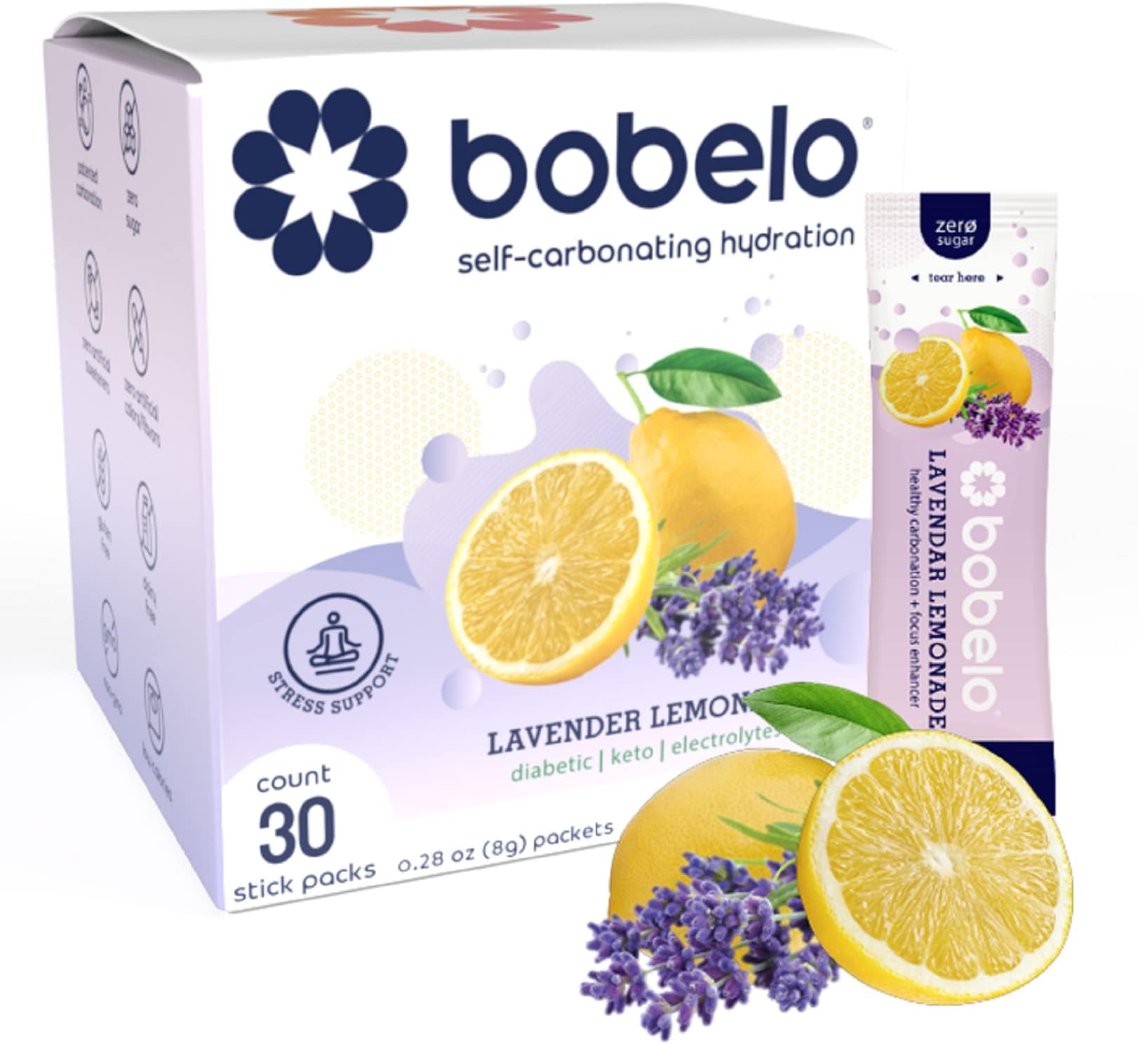 Bobelo Self Carbonating Hydration Packets, Lavender Lemonade, 30 Pack, Sparkling Water & Soda Alternative, Sugar Free Electrolytes Powder Packets, Water Enhancer Drink Mix, Low Calorie, Keto Friendly