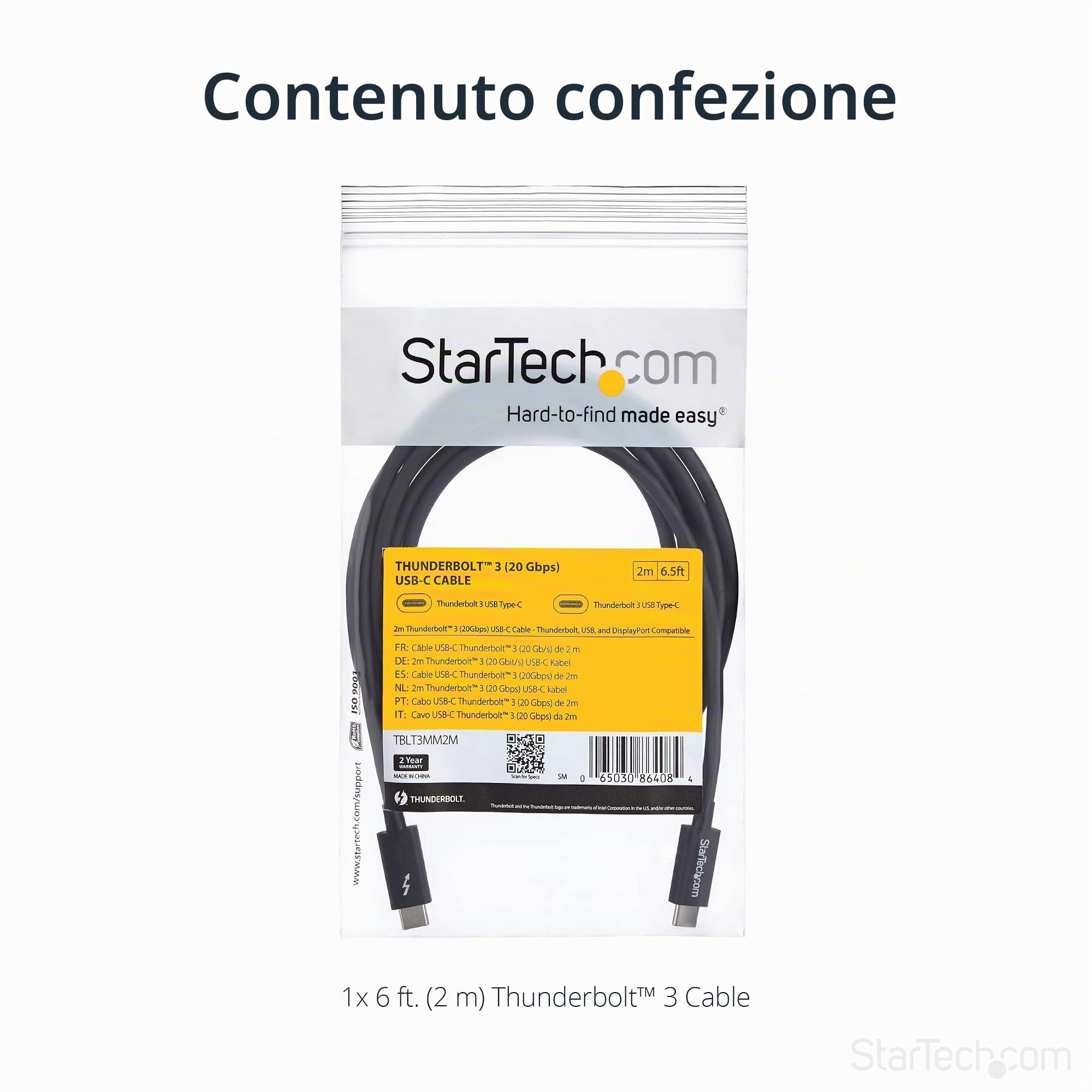 StarTech.com Cavo Thunderbolt 3 Passivo da 2m, 20Gbps, 100W PD, 4K, Certificato Thunderbolt, Compatibile con USB4/DP Alt Mode, Thunderbolt4, USB 3.2/Type-C (TBLT3MM2M) | Supporta Thunderbolt 4 e USB 3.2, Cavo Dati e Video ad Alte Prestazioni
