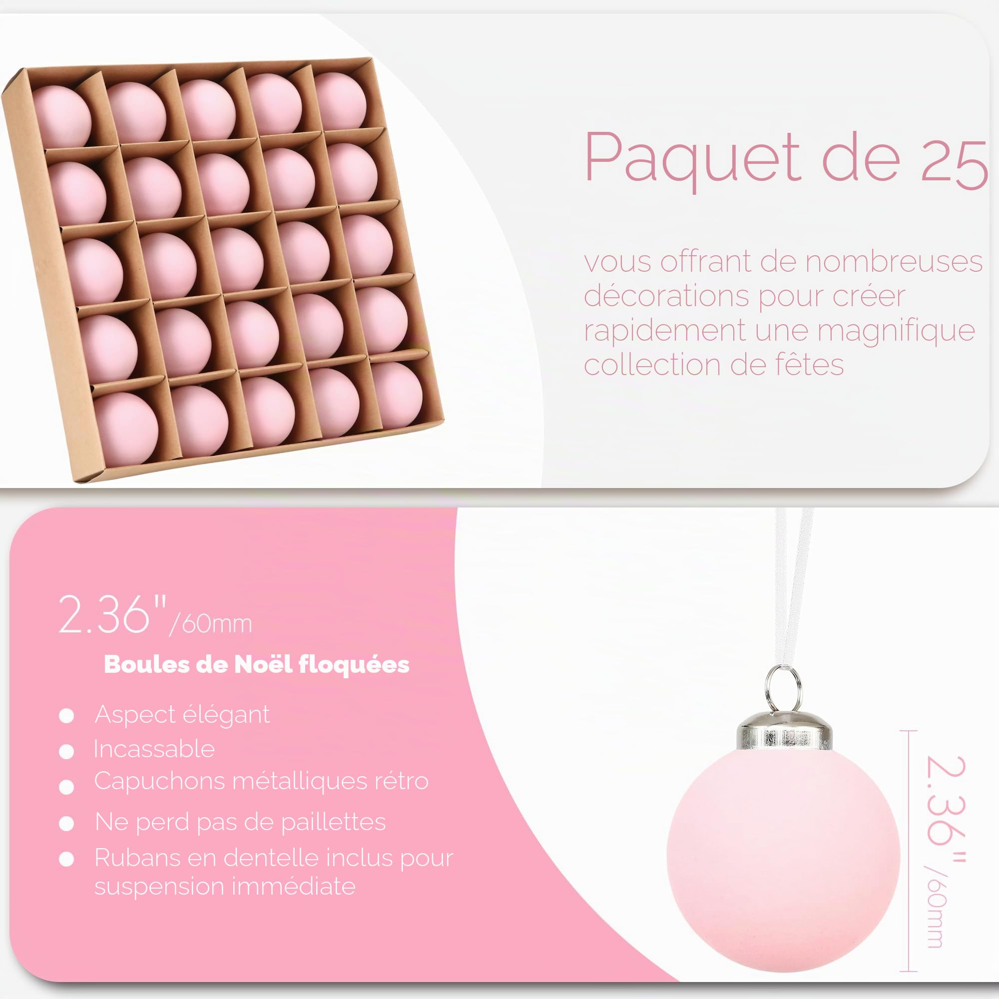 Sea Team 25 Boules Noël Velours incassables 60mm Rose | Boules en velours incassable, parfaites pour arbre, couronne, guirlande. Idéales pour Noël, mariage, fête.
