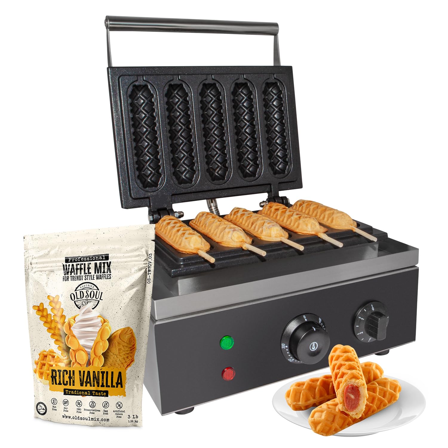 Corn Dog Waffle Maker for Commercial Use | Hotdog Waffles on a Stick | Stainless Steel | 110V (5 Pcs)