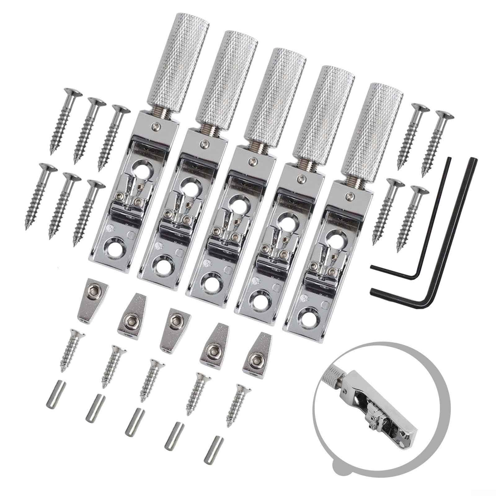 1 set di ponte per basso senza testa per basso elettrico a 4/5/6 corde, ponte split singolo con viti e chiavi, argento, accordatura precisa e stabilità per bassi senza testa (argento, 5 pezzi)