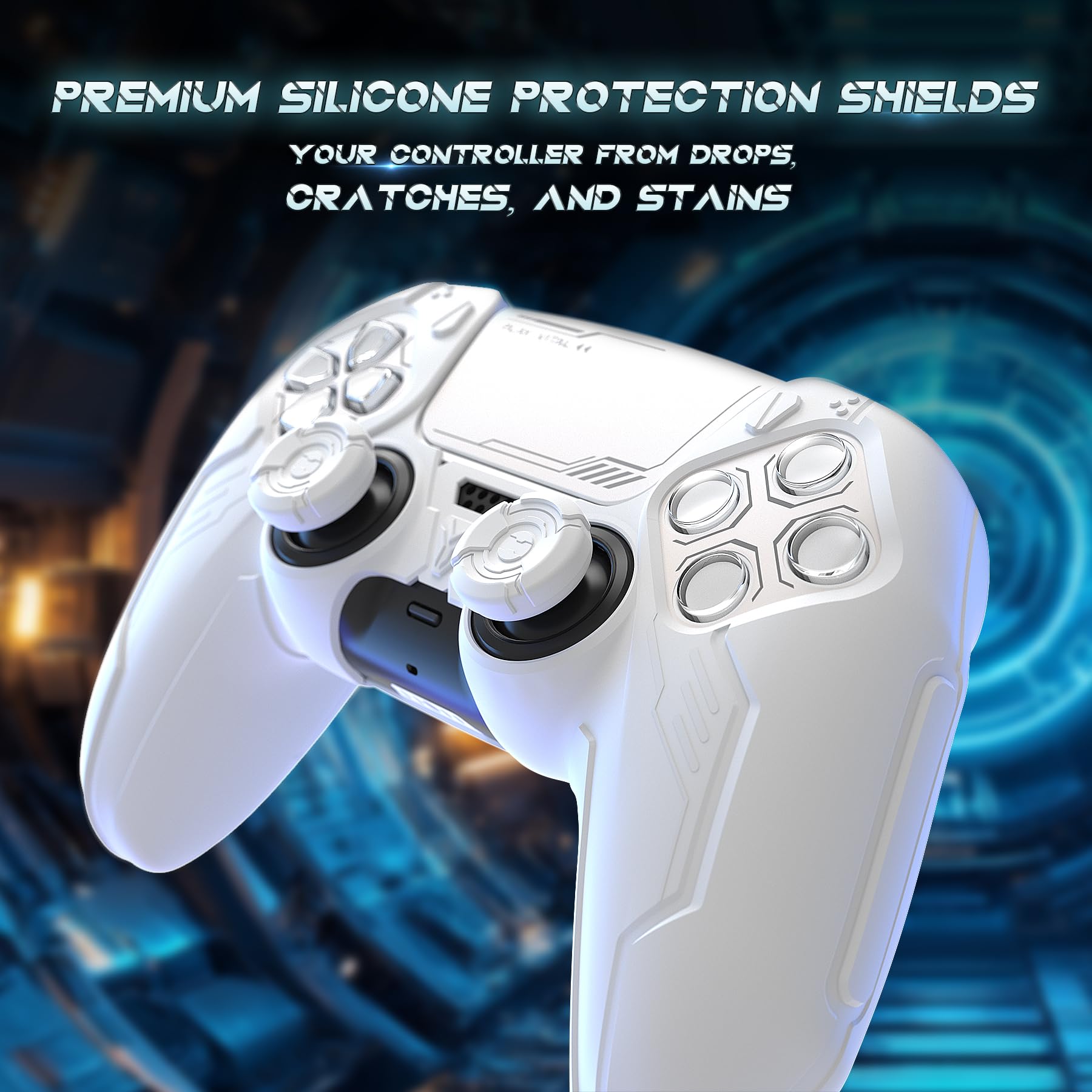 playvital Cover Controller per ps5 Joystick Custodia Silicone Skin Antiscivolo Grip Ergonomico, 2 Copri Analogici e 6 Adesivi, Adatto per Stazione di Ricarica, Mecha-Bianco