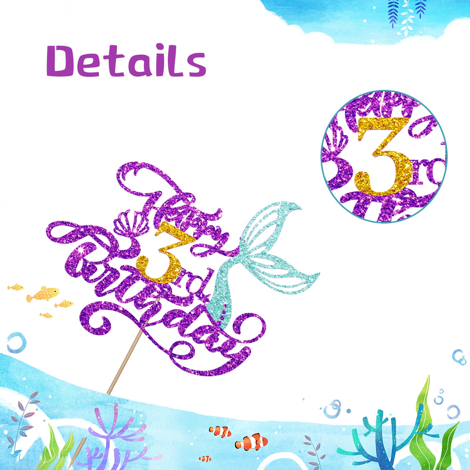 Mermaid 3rd Birthday Cake Topper - Under The Sea Gold Glitter "3" Topper For Girl's Birthday Party Decor