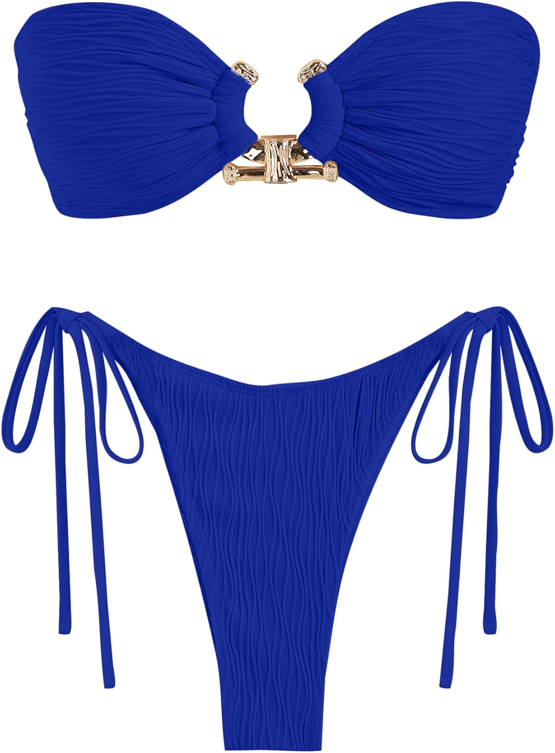 ZAFUL Women Bikini Sets Ribbed Textured Metal Two Piece Adjustable Tie Back Bandeau Bathing Suit Tie Side High Cut Swimsuit