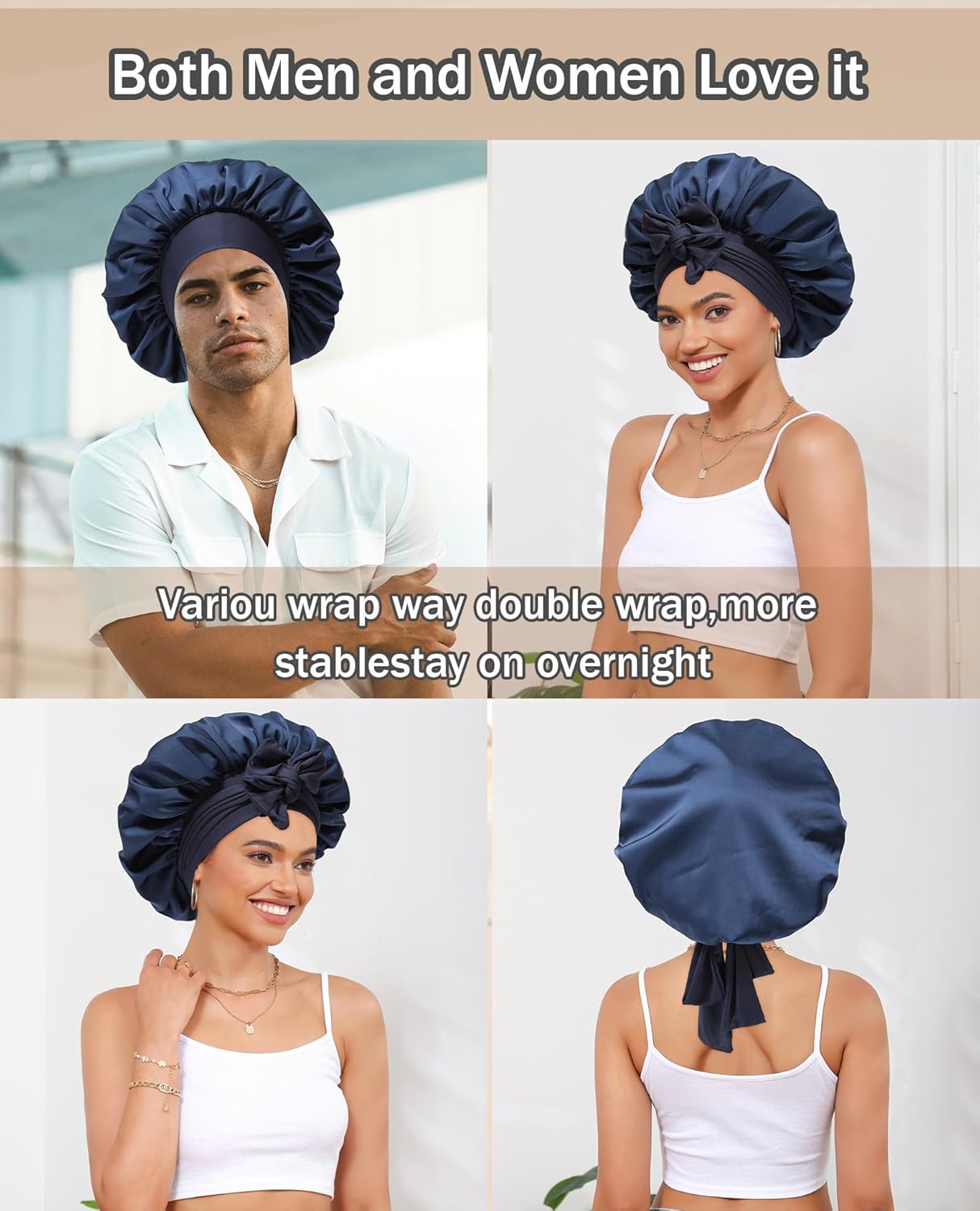 Satin Bonnet Silk Bonnet for Sleeping Silk Sleep Cap Double Layer Hair Bonnet with Elastic Tie Band for Curly Hair Night Cap (Navy+Light Blue) - Image 4