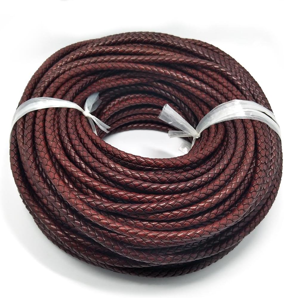 Genuine Leather Cord 5m 6.0mm Diameter Braid 100% Real Cowhide Cord fit Bracelet and Necklace DIY 18 Colors (24(6.0mm Antique Reddish Brown))