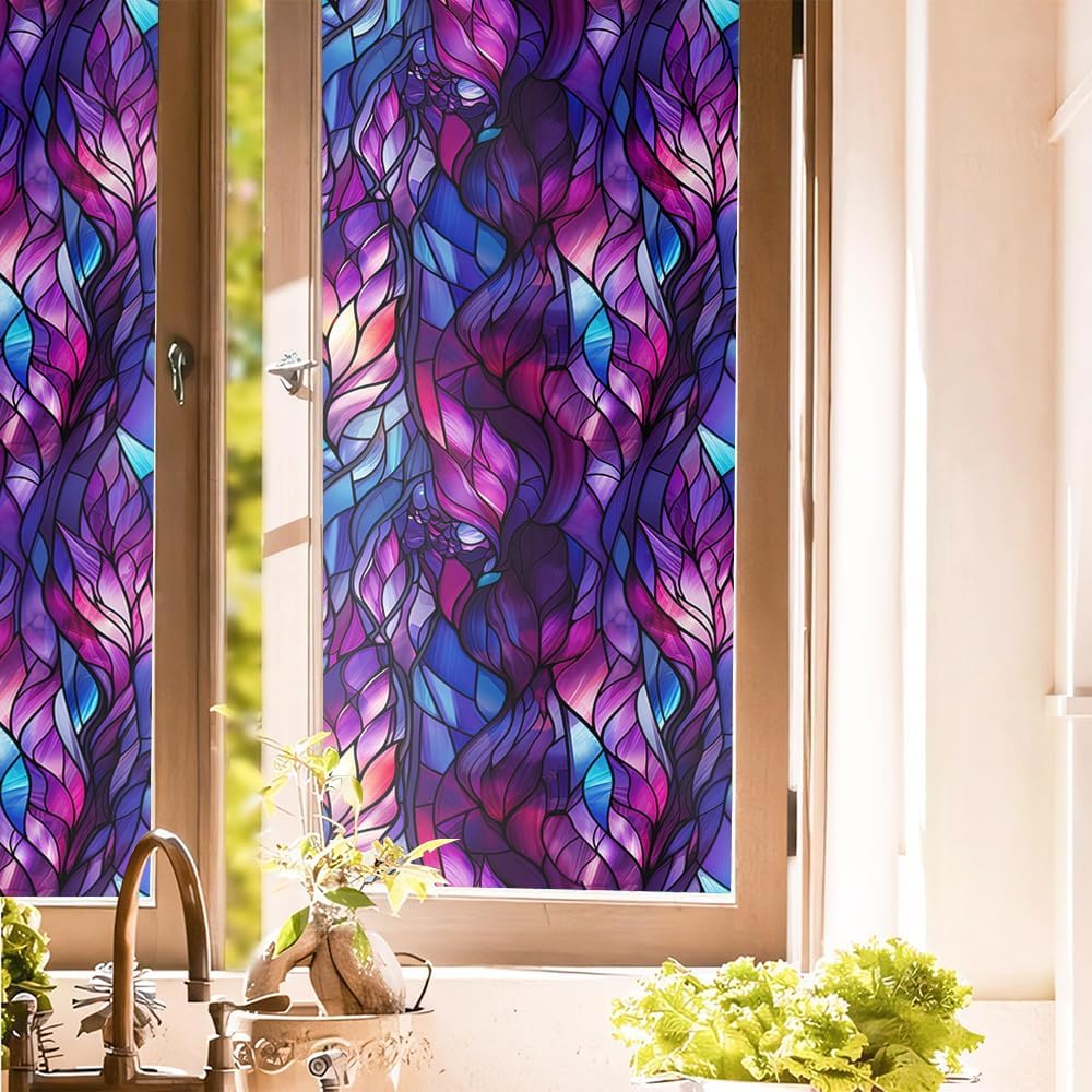 REDAMANCY Blue/Purple Flower Leaf Stained Glass Window Films Decorative Double-Side Privacy Film Self-Adhesive Static Glass Window Clings for Living Room Bathroom 15.7x118in/40x300cm