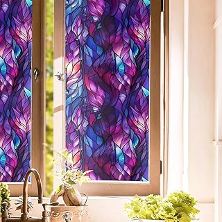 16“x118 Mosaic Purple Stained Glass Double Side Window Films Art Decorative Window Privacy Tinting Film Self-Adhesive Static Glass Window Clings Stickers for Living Room Bathroom Glass Windows Decor