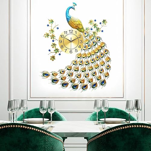 Reloj de pared de pavo real de 8.26 pulgadas, moderno reloj de pared grande de metal 3D, reloj de pared de pavo real, multiusos, decoración de pavo