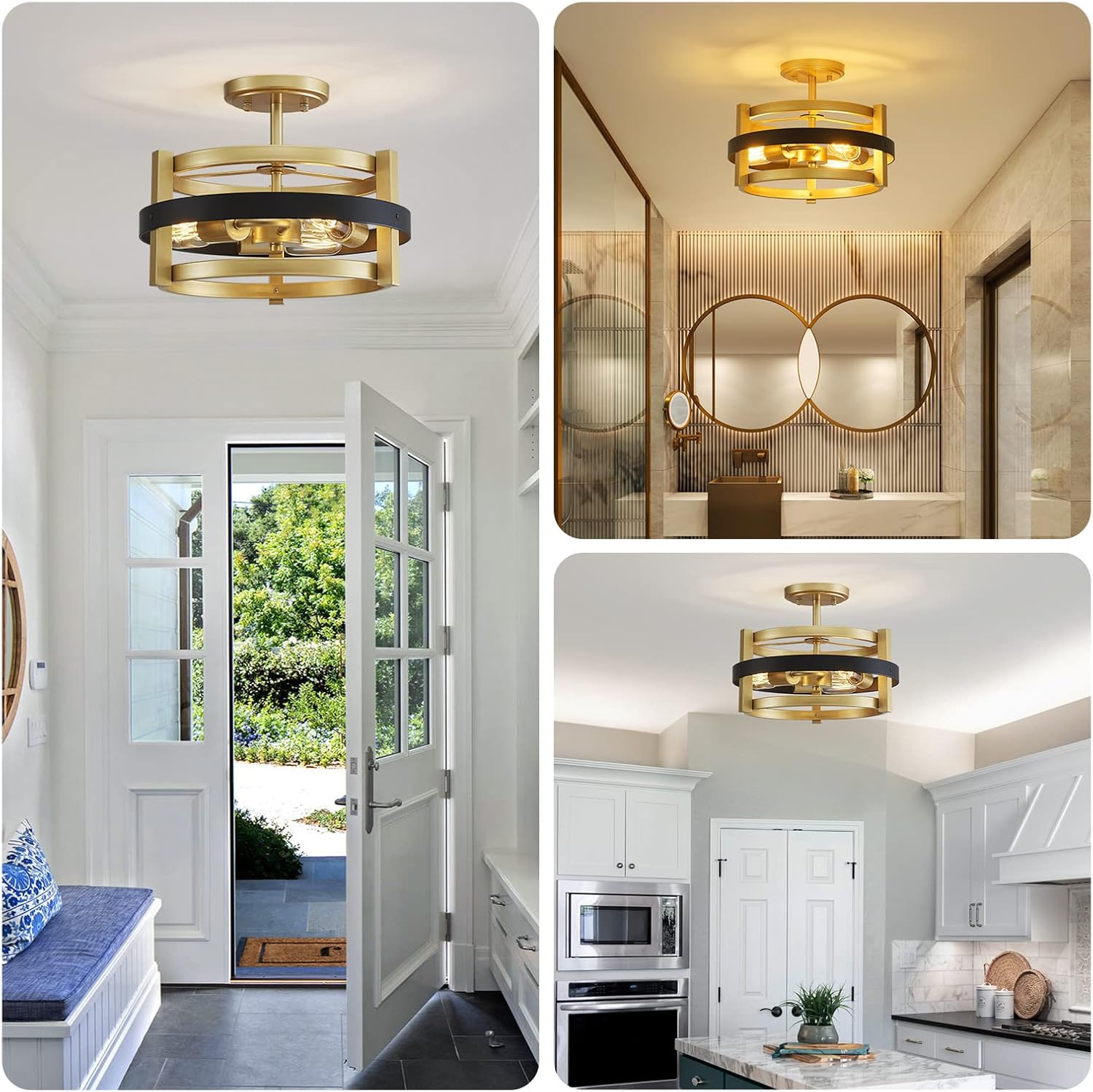 WUZUPS 3-Light Metal Drum Chandelier Round Shade Semi Flushmount Ceiling Lighting Rustic Farmhouse Fixture Foyer Entry Kitchen, H 9.4" x W13.8, E26 Base, Black Gold