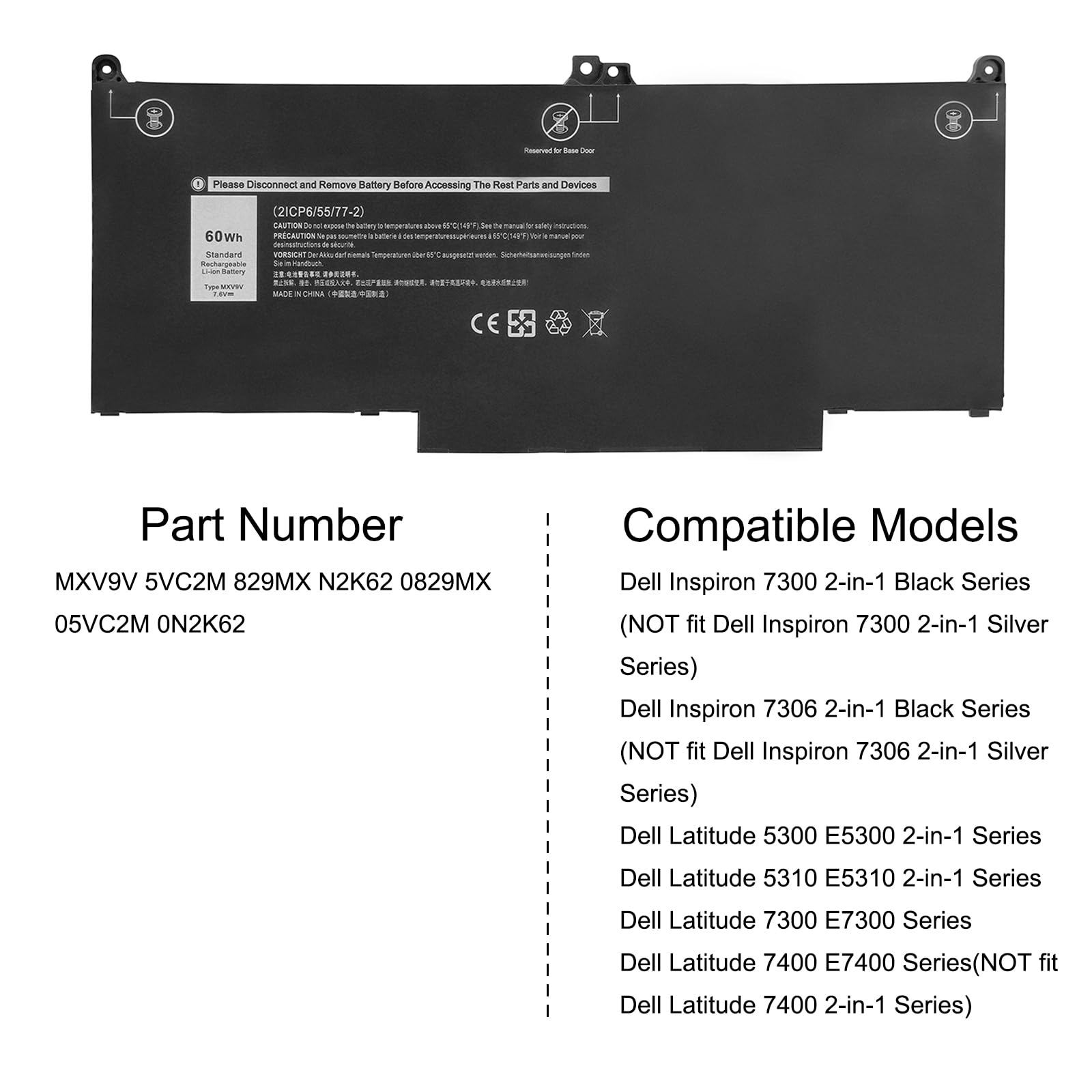 MXV9V Batterie pour Dell Latitude 5300 5310 7300 7400 E5300 E5310 E7300 E7400 Latitude 5300 5310 2-in-1 Inspiron 7300 7306 2-in-1 Black Series 829MX 5VC2M 7.6V 60Wh
